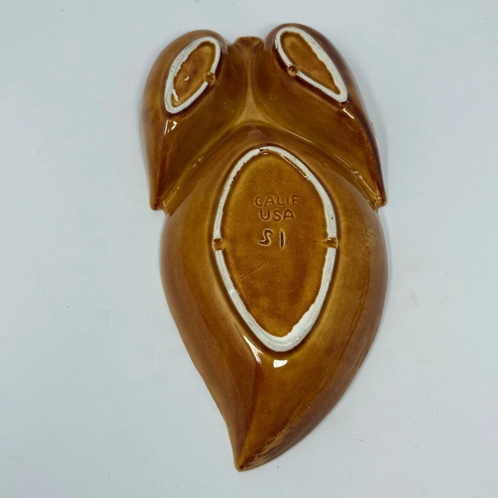 MCM Vintage California USA Leaf Shaped Ceramic Candy Dish Trinket Plate Brown s1